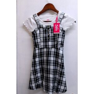 Justice Girls Plaid Jumper Dress White Layered TShirt‎ Set Girls S (7/8) #